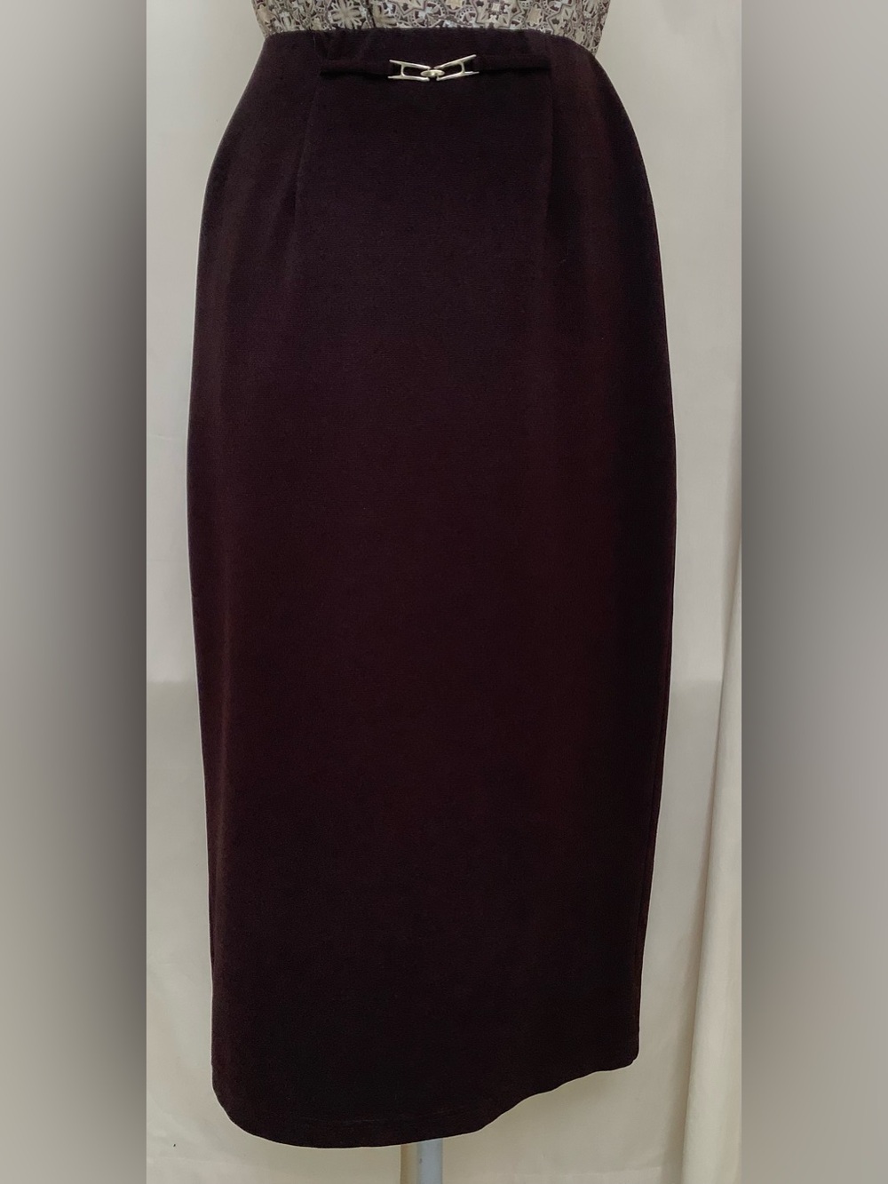 Briggs Dark Brown Stretch Midi Skirt-Silver Buckle Accent-Stretch Waist-Medium